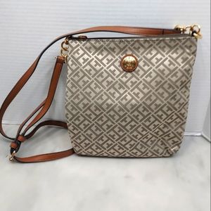 Tommy Hilfiger Gray Print with Brown Adjustable Strap Crossbody